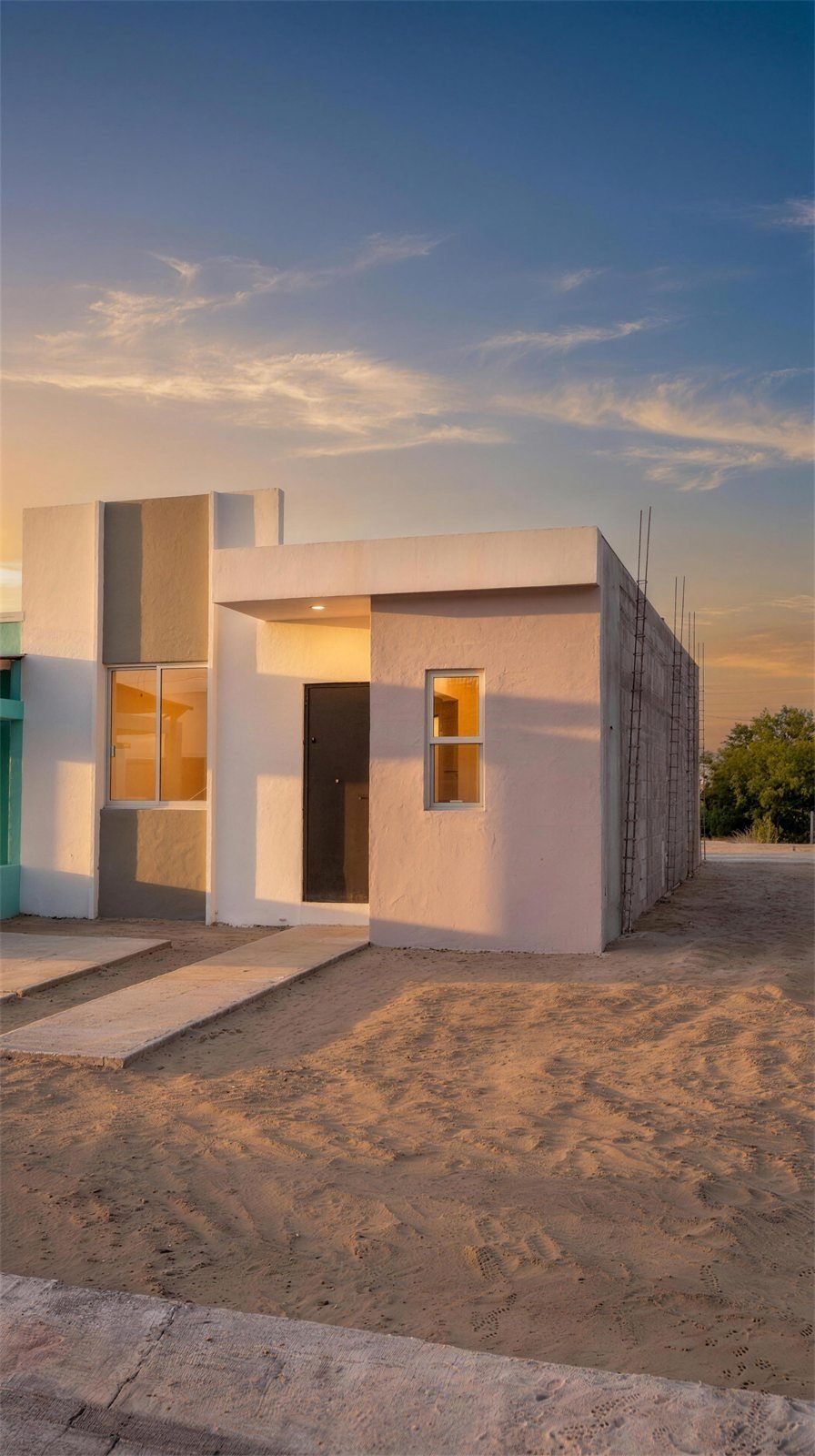 Fachada de la casa al atardecer
