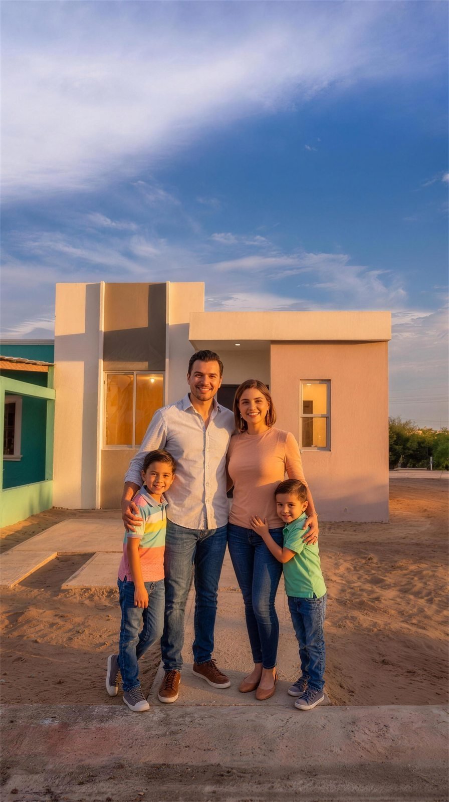 Familia frente a su nueva casa en Col. San Francisco, Mazatlán