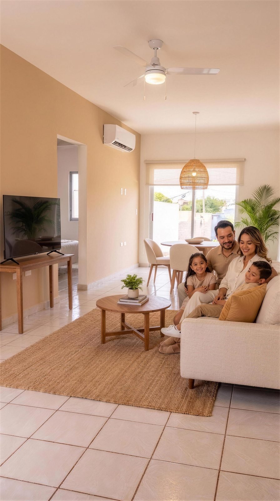 Sala y comedor decorados con familia